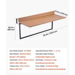 VEVOR Balcony Hanging Table, 15 x 39 in Folding Balcony Railing Table, Outdoor Balcony Bar Table for Railings, 5-Level Adjustable, Fit Railing from 1