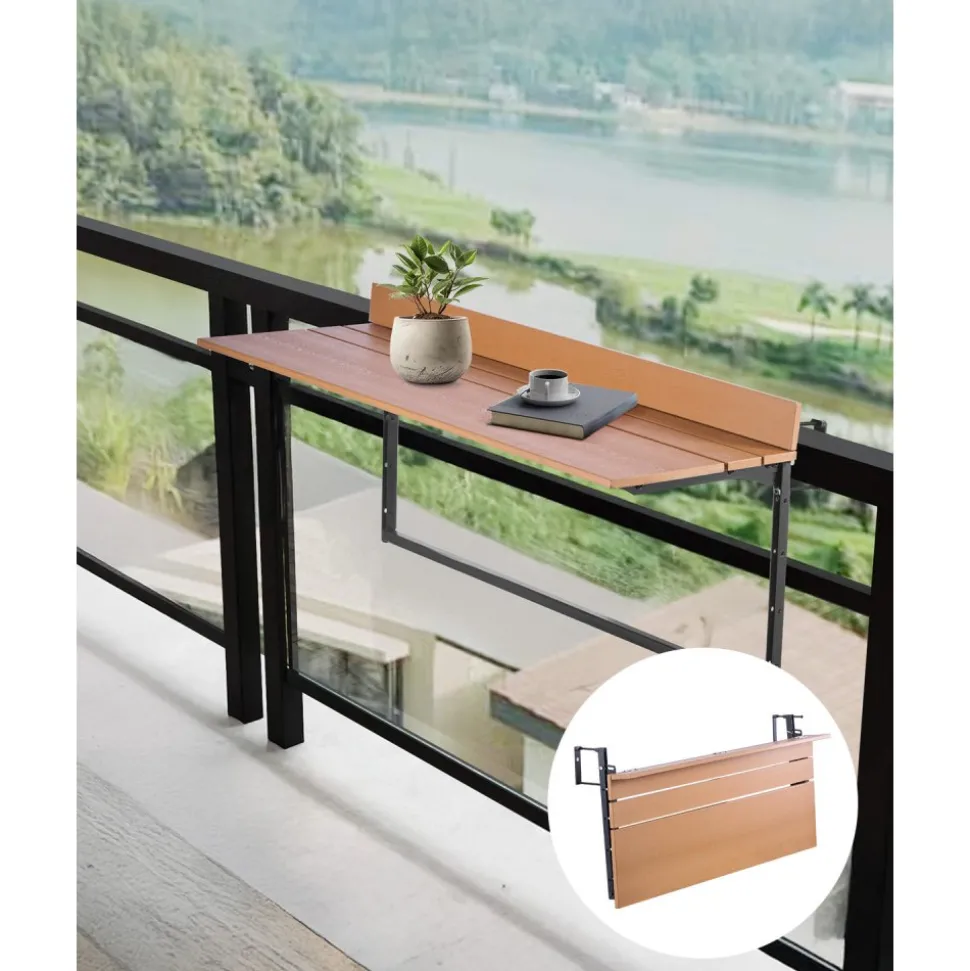 VEVOR Balcony Hanging Table, 15 x 39 in Folding Balcony Railing Table, Outdoor Balcony Bar Table for Railings, 5-Level Adjustable, Fit Railing from 1" to 5.3", Serving Table for Patio & Deck