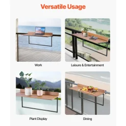 VEVOR Balcony Hanging Table, 15 x 39 in Folding Balcony Railing Table, Outdoor Balcony Bar Table for Railings, 5-Level Adjustable, Fit Railing from 1