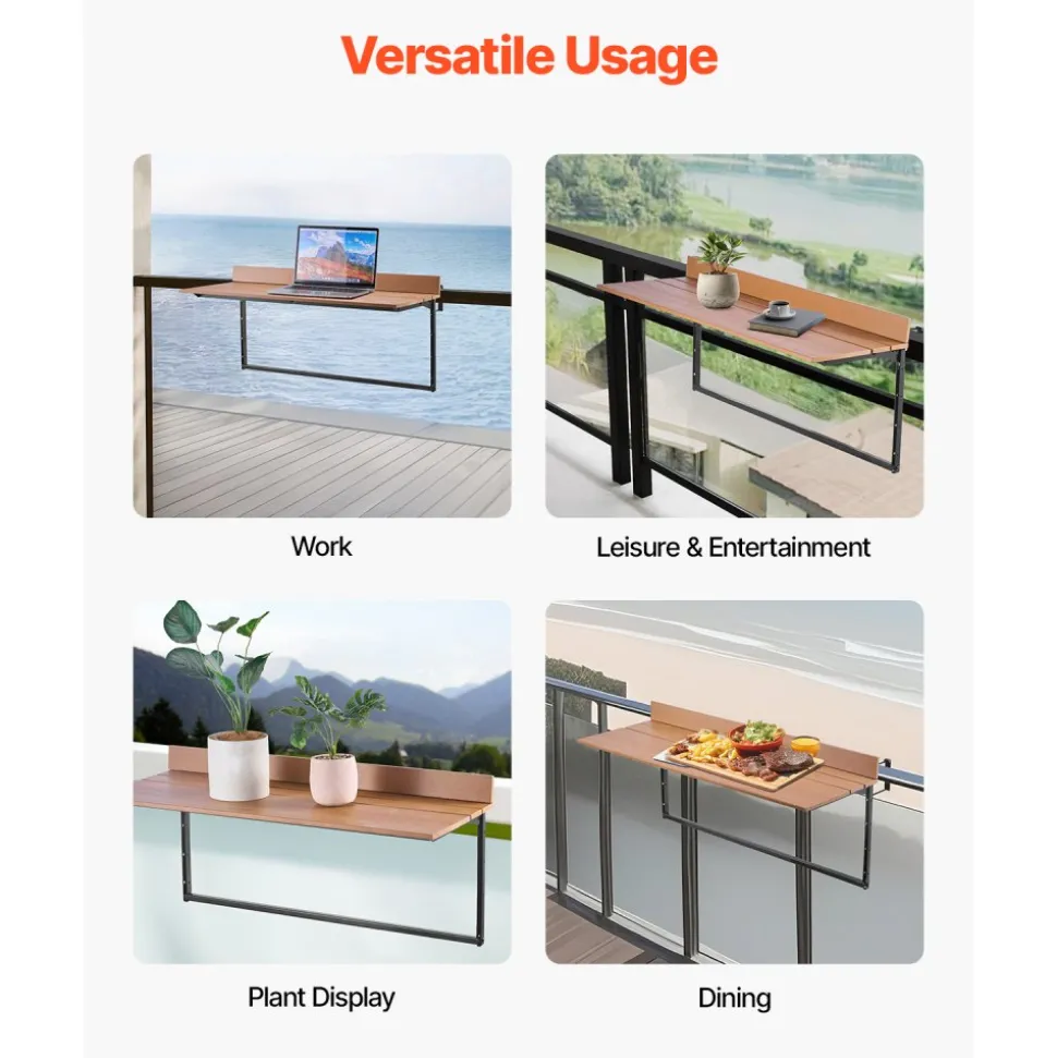 VEVOR Balcony Hanging Table, 15 x 39 in Folding Balcony Railing Table, Outdoor Balcony Bar Table for Railings, 5-Level Adjustable, Fit Railing from 1" to 5.3", Serving Table for Patio & Deck