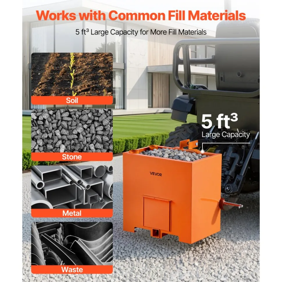 VEVOR Ballast Box, 3-Point Category 1 Tractor Ballast of 800 lbs Capacity, with Standard 2 Inch Hitch Receiver, Heavy-Duty Steel 5 ft³ Large Volume Durable Loader Attachment with Sliding Door, Orange