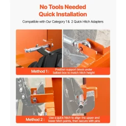 VEVOR Ballast Box, 3-Point Category 1 Tractor Ballast of 800 lbs Capacity, Standard 2 Inch Hitch Receiver, Heavy-Duty Steel 3.2 ft³ Large Volume Durable Loader Attachment with Sliding Door, Orange