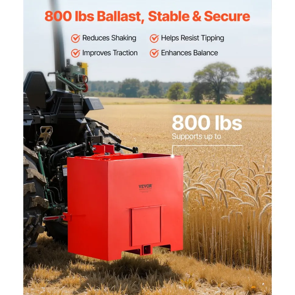 VEVOR Ballast Box, 3-Point Category 1 Tractor Ballast of 800 lbs Capacity, with Standard 2 Inch Hitch Receiver, Heavy-Duty Steel 5 ft³ Large Volume Durable Loader Attachment with Sliding Door, Red