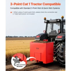 VEVOR Ballast Box, 3-Point Category 1 Tractor Ballast of 800 lbs Capacity, with Standard 2 Inch Hitch Receiver, Heavy-Duty Steel 5 ft³ Large Volume Durable Loader Attachment with Sliding Door, Red