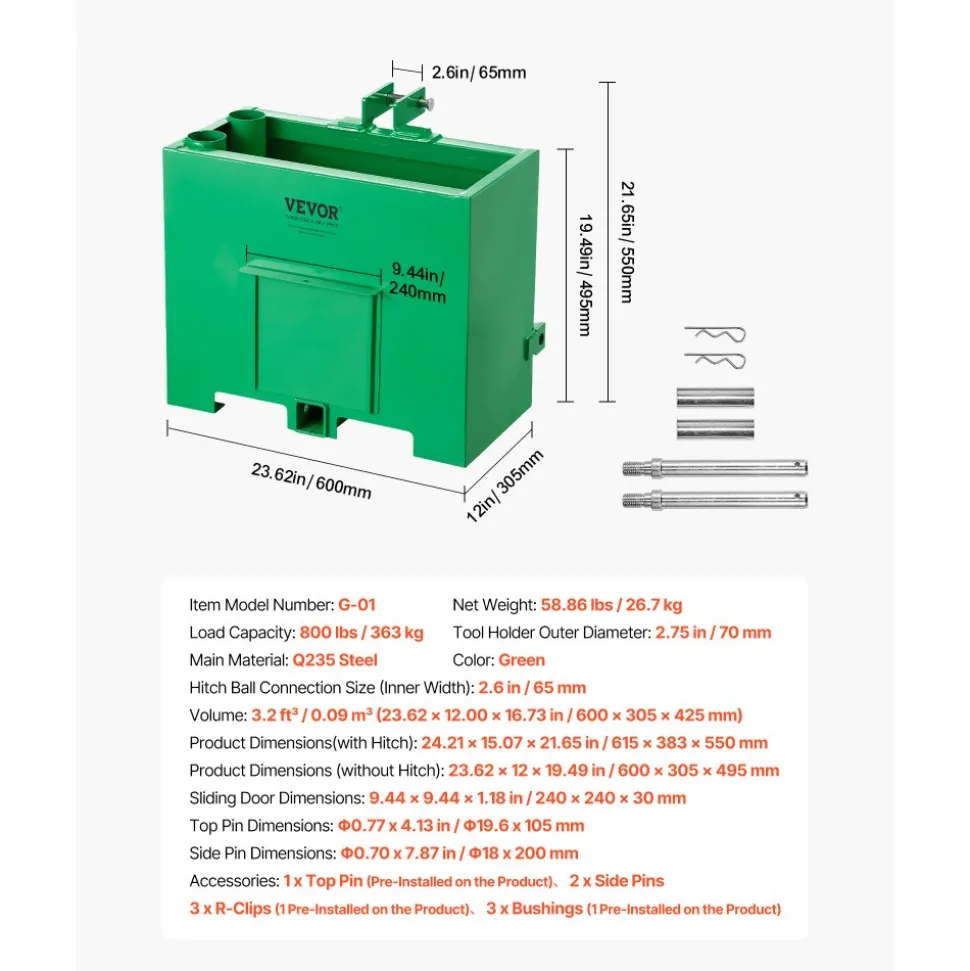 VEVOR Ballast Box, 3-Point Category 1 Tractor Ballast of 800 lbs Capacity, with Standard 2 Inch Hitch Receiver, Heavy-Duty Steel 3.2 ft³ Large Volume Durable Loader Attachment with Sliding Door, Green