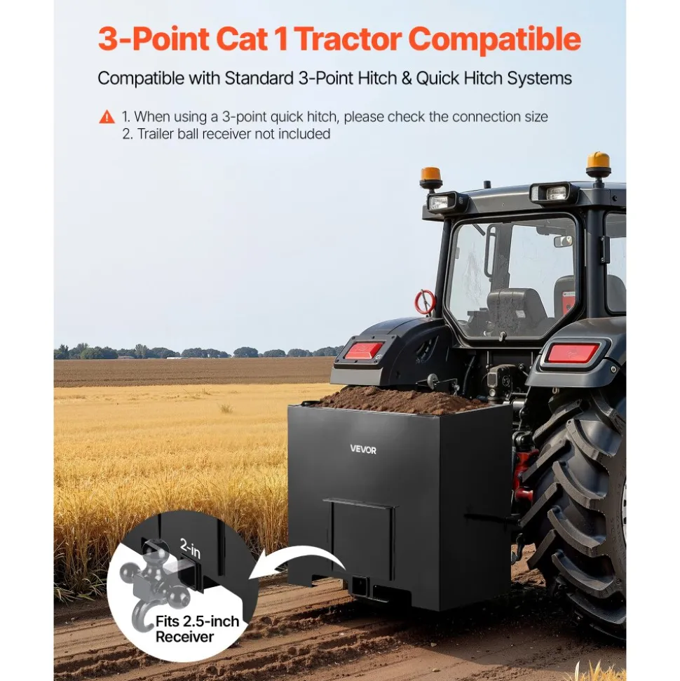 VEVOR Ballast Box, 3-Point Category 1 Tractor Ballast of 800 lbs Capacity, with Standard 2 Inch Hitch Receiver, Heavy-Duty Steel 5 ft³ Large Volume Durable Loader Attachment with Sliding Door, Black