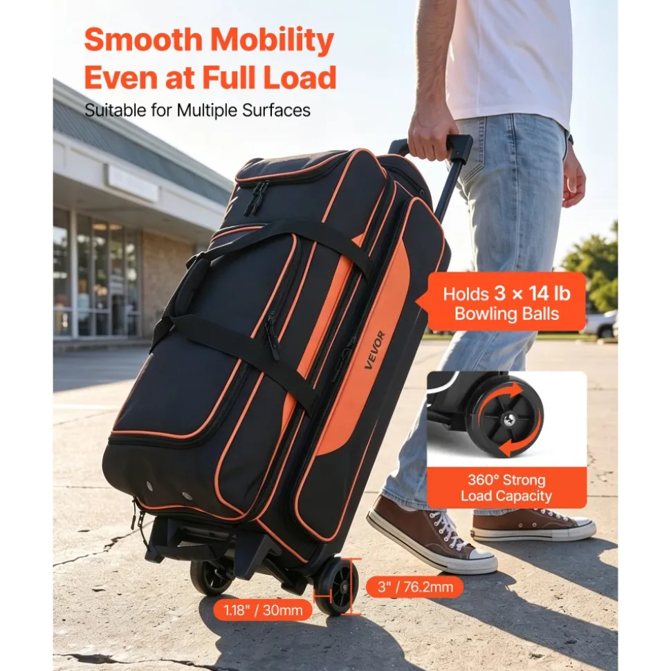 VEVOR 3 Ball Bowling Bag Double Roller Bag with Separate Shoe Compartment, for Bowling Shoes (Up To US Men Size 16), Rolling Ball Bag w/ Wheel, Accessory Pocket, Retractable Handle Extends to 40 in