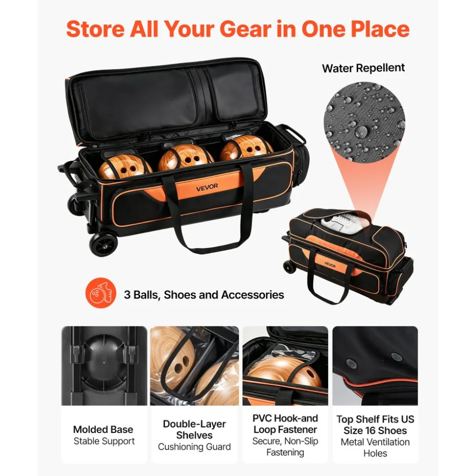 VEVOR 3 Ball Bowling Bag Double Roller Bag with Separate Shoe Compartment, for Bowling Shoes (Up To US Men Size 16), Rolling Ball Bag w/ Wheel, Accessory Pocket, Retractable Handle Extends to 40 in
