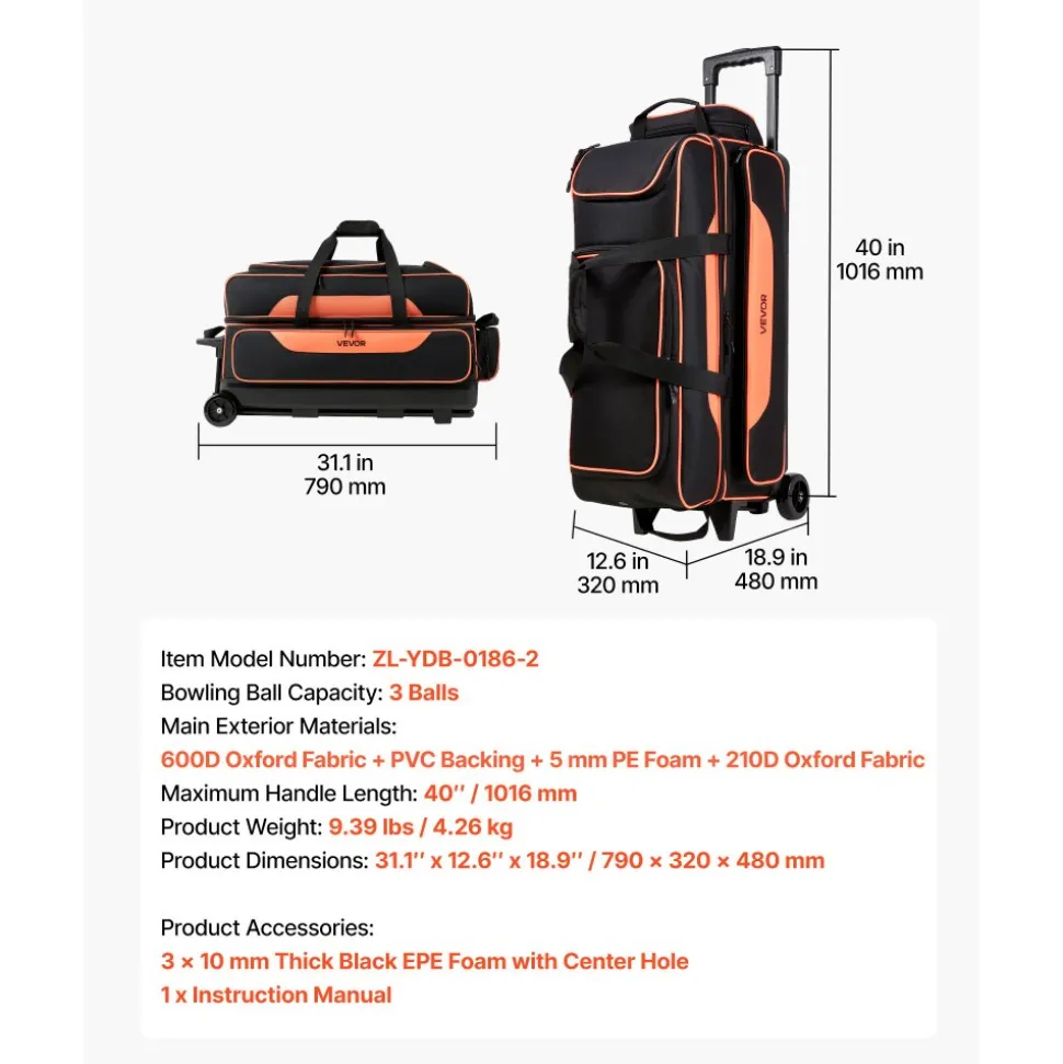 VEVOR 3 Ball Bowling Bag Double Roller Bag with Separate Shoe Compartment, for Bowling Shoes (Up To US Men Size 16), Rolling Ball Bag w/ Wheel, Accessory Pocket, Retractable Handle Extends to 40 in