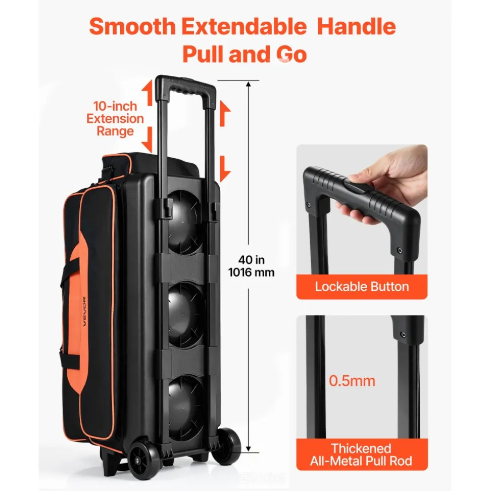 VEVOR 3 Ball Bowling Bag Double Roller Bag with Separate Shoe Compartment, for Bowling Shoes (Up To US Men Size 16), Rolling Ball Bag w/ Wheel, Accessory Pocket, Retractable Handle Extends to 40 in