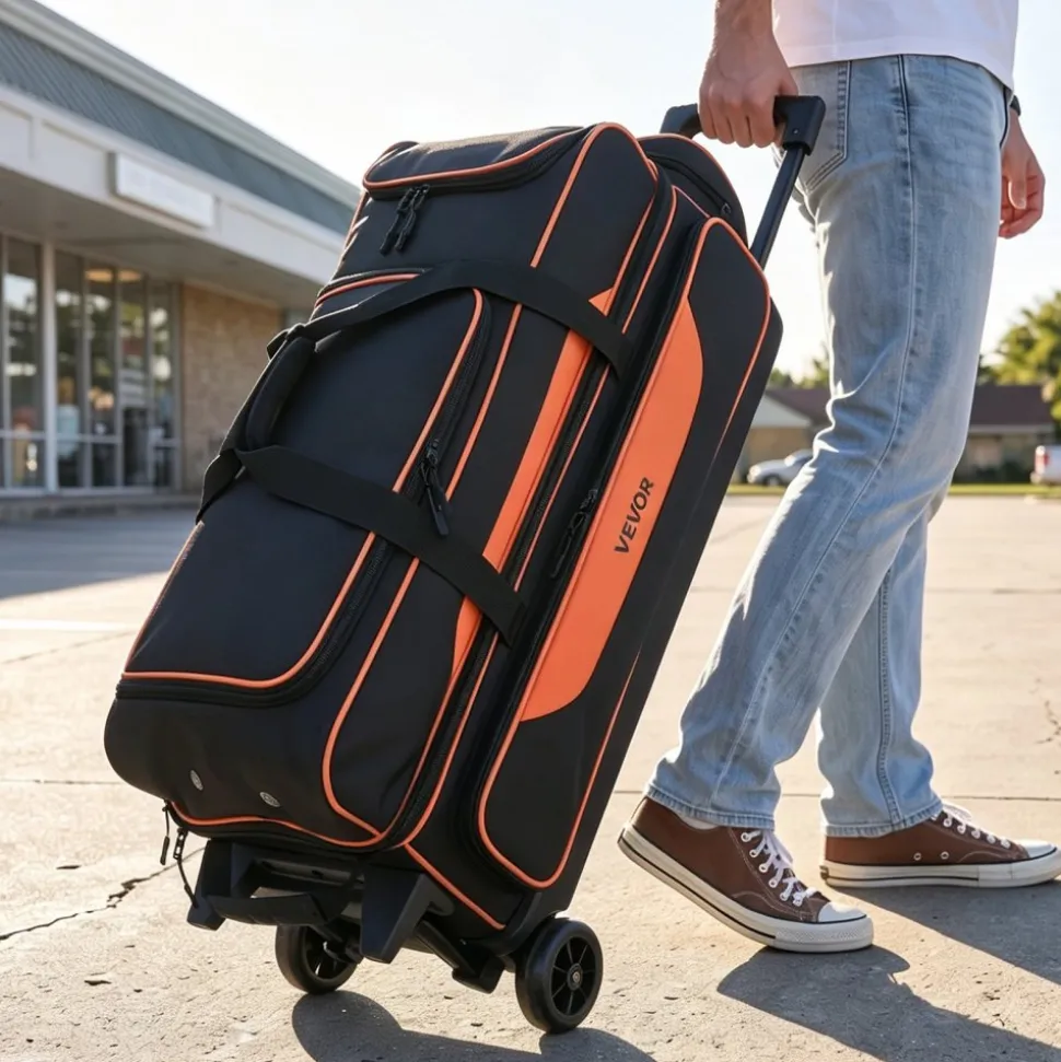 VEVOR 3 Ball Bowling Bag Double Roller Bag with Separate Shoe Compartment, for Bowling Shoes (Up To US Men Size 16), Rolling Ball Bag w/ Wheel, Accessory Pocket, Retractable Handle Extends to 40 in