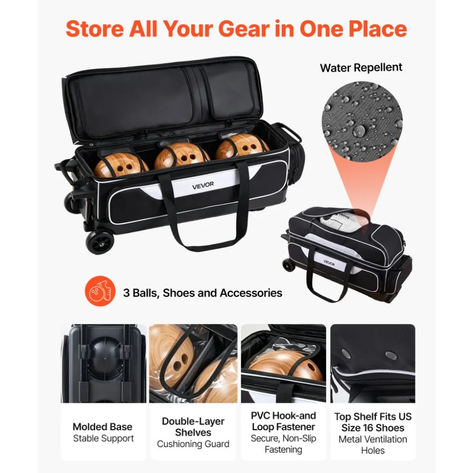 VEVOR 3 Ball Bowling Bag Double Roller Bag with Separate Shoe Compartment, for Bowling Shoes (Up To US Men Size 16), Rolling Ball Bag w/ Wheel, Accessory Pocket, Retractable Handle Extends to 40 in