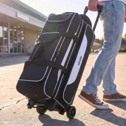 VEVOR 3 Ball Bowling Bag Double Roller Bag with Separate Shoe Compartment, for Bowling Shoes (Up To US Men Size 16), Rolling Ball Bag w/ Wheel, Accessory Pocket, Retractable Handle Extends to 40 in