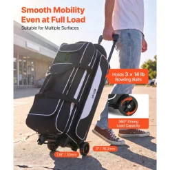 VEVOR 3 Ball Bowling Bag Double Roller Bag with Separate Shoe Compartment, for Bowling Shoes (Up To US Men Size 16), Rolling Ball Bag w/ Wheel, Accessory Pocket, Retractable Handle Extends to 40 in