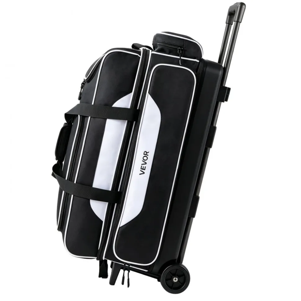 VEVOR 3 Ball Bowling Bag Double Roller Bag with Separate Shoe Compartment, for Bowling Shoes (Up To US Men Size 16), Rolling Ball Bag w/ Wheel, Accessory Pocket, Retractable Handle Extends to 40 in
