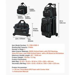VEVOR 3 Ball Bowling Bag Double Roller Bag with Separate Shoe Compartment, for Bowling Shoes (Up To US Men Size 16), Rolling Ball Bag w/ Wheel, Accessory Pocket, Retractable Handle Extends to 40 in