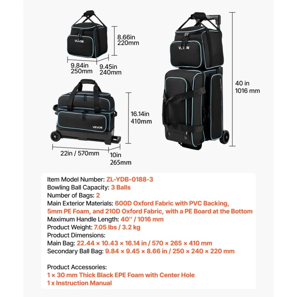 VEVOR 3 Ball Bowling Bag Double Roller Bag with Separate Shoe Compartment, for Bowling Shoes (Up To US Men Size 16), Rolling Ball Bag w/ Wheel, Accessory Pocket, Retractable Handle Extends to 40 in