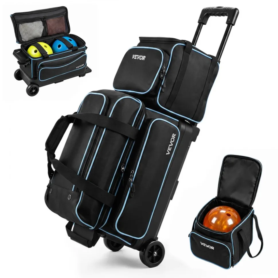 VEVOR 3 Ball Bowling Bag Double Roller Bag with Separate Shoe Compartment, for Bowling Shoes (Up To US Men Size 16), Rolling Ball Bag w/ Wheel, Accessory Pocket, Retractable Handle Extends to 40 in
