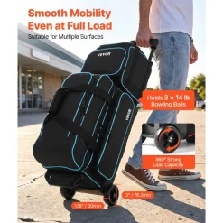 VEVOR 3 Ball Bowling Bag Double Roller Bag with Separate Shoe Compartment, for Bowling Shoes (Up To US Men Size 16), Rolling Ball Bag w/ Wheel, Accessory Pocket, Retractable Handle Extends to 40 in