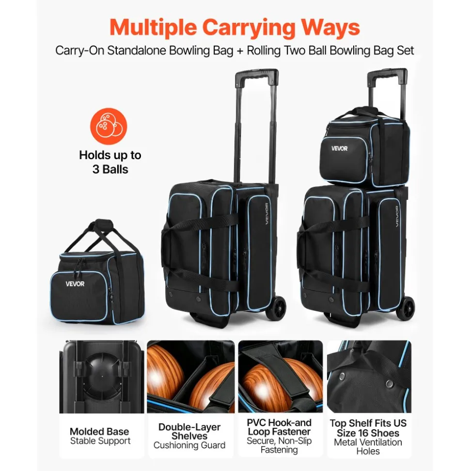 VEVOR 3 Ball Bowling Bag Double Roller Bag with Separate Shoe Compartment, for Bowling Shoes (Up To US Men Size 16), Rolling Ball Bag w/ Wheel, Accessory Pocket, Retractable Handle Extends to 40 in