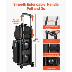 VEVOR 3 Ball Bowling Bag Double Roller Bag with Separate Shoe Compartment, for Bowling Shoes (Up To US Men Size 16), Rolling Ball Bag w/ Wheel, Accessory Pocket, Retractable Handle Extends to 40 in