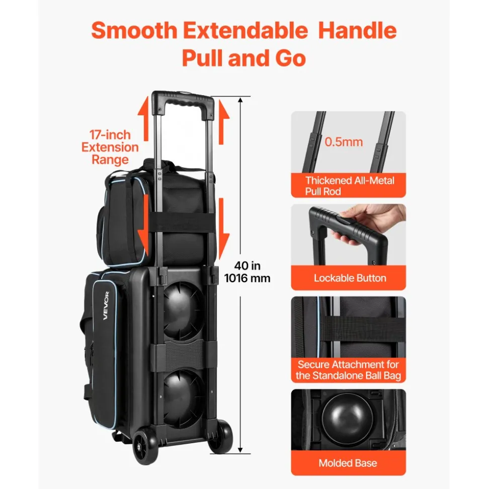VEVOR 3 Ball Bowling Bag Double Roller Bag with Separate Shoe Compartment, for Bowling Shoes (Up To US Men Size 16), Rolling Ball Bag w/ Wheel, Accessory Pocket, Retractable Handle Extends to 40 in