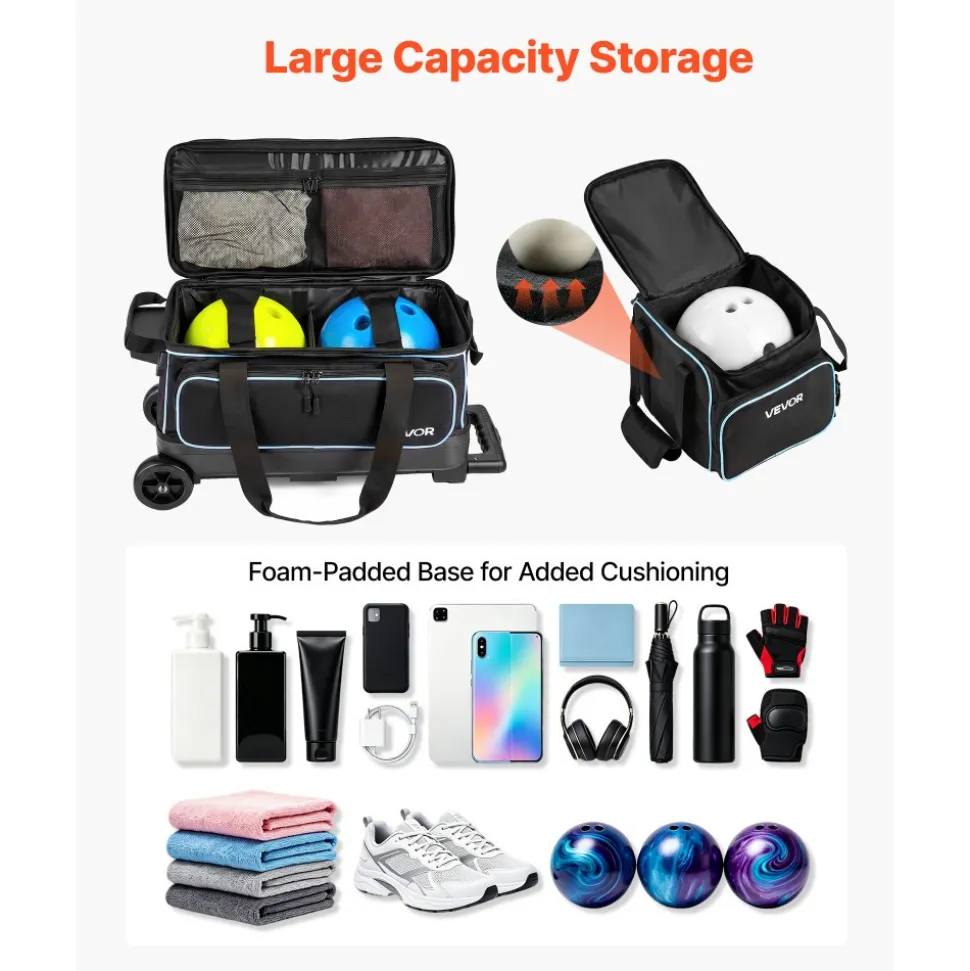 VEVOR 3 Ball Bowling Bag Double Roller Bag with Separate Shoe Compartment, for Bowling Shoes (Up To US Men Size 16), Rolling Ball Bag w/ Wheel, Accessory Pocket, Retractable Handle Extends to 40 in