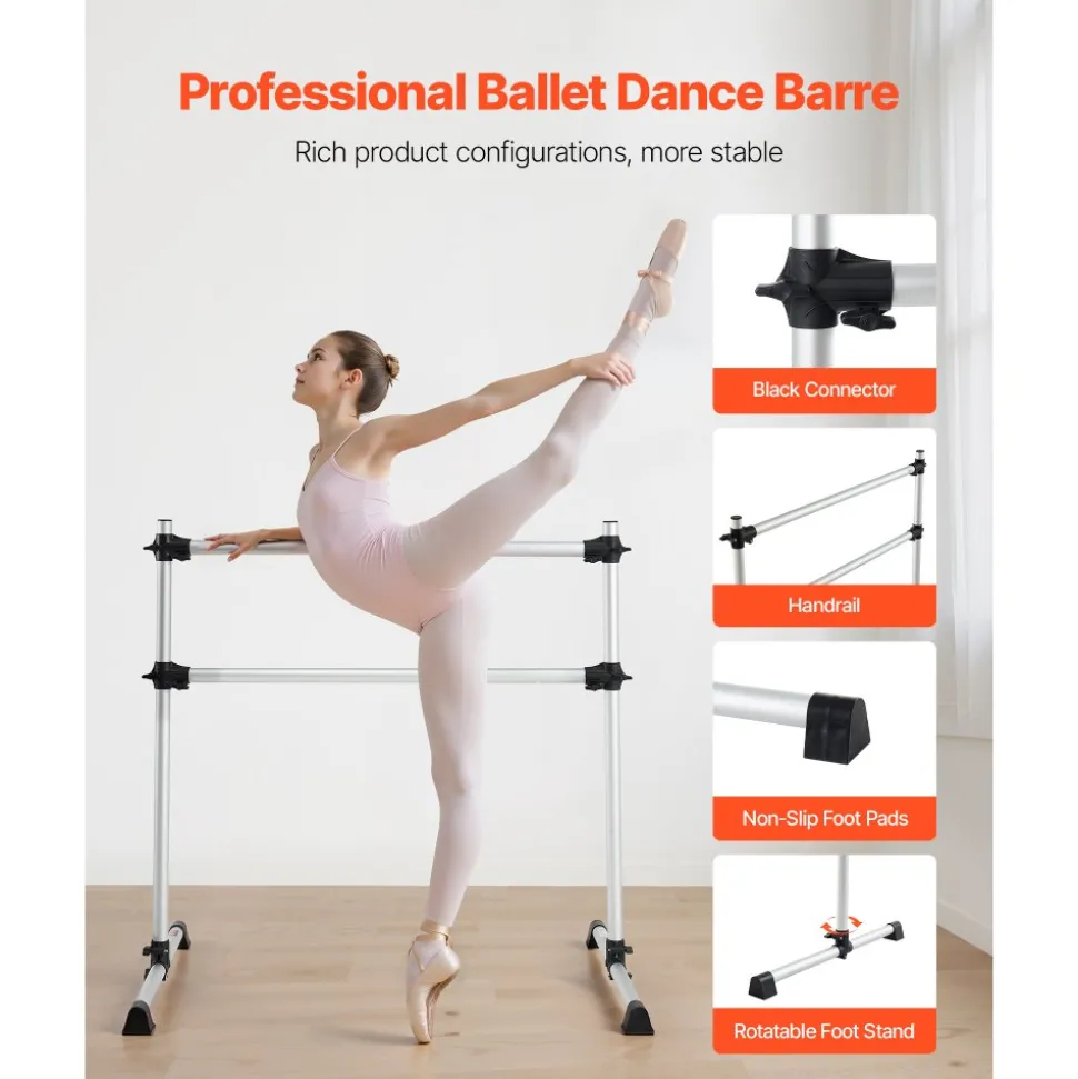 VEVOR Ballet Barre, 4 Ft Aluminum Double Barre Bar for Home, Freestanding Portable Ballet Stretching Dance Bars, Height Adjustable Anti-Wobble Fitness Studio Equipment, for Pilates Balance Workout