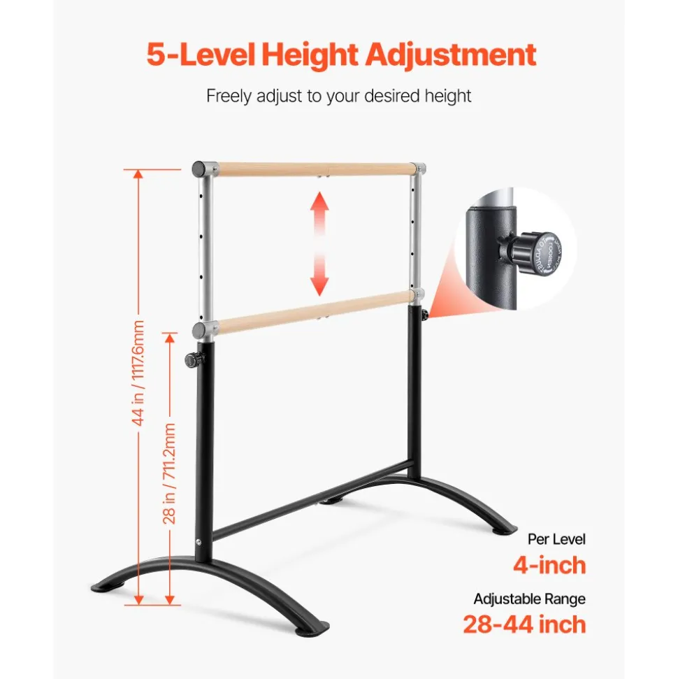 VEVOR Ballet Barre, 4 Ft Barre Bar for Home, Freestanding Portable Ballet Stretching Dance Bars, Height Adjustable Anti-Wobble Fitness Gym Studio Equipment, for Pilates Balance Workout