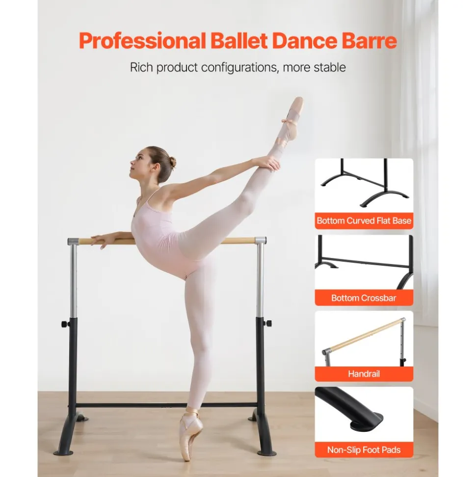 VEVOR Ballet Barre, 4 Ft Barre Bar for Home, Freestanding Portable Ballet Stretching Dance Bars, Height Adjustable Anti-Wobble Fitness Gym Studio Equipment, for Pilates Balance Workout