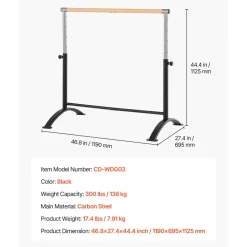 VEVOR Ballet Barre, 4 Ft Barre Bar for Home, Freestanding Portable Ballet Stretching Dance Bars, Height Adjustable Anti-Wobble Fitness Gym Studio Equipment, for Pilates Balance Workout