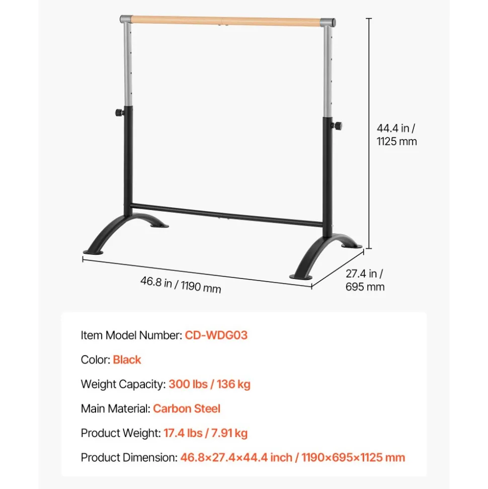 VEVOR Ballet Barre, 4 Ft Barre Bar for Home, Freestanding Portable Ballet Stretching Dance Bars, Height Adjustable Anti-Wobble Fitness Gym Studio Equipment, for Pilates Balance Workout