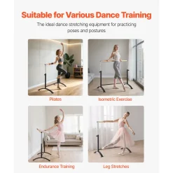 VEVOR Ballet Barre, 4 Ft Barre Bar for Home, Freestanding Portable Ballet Stretching Dance Bars, Height Adjustable Anti-Wobble Fitness Gym Studio Equipment, for Pilates Balance Workout