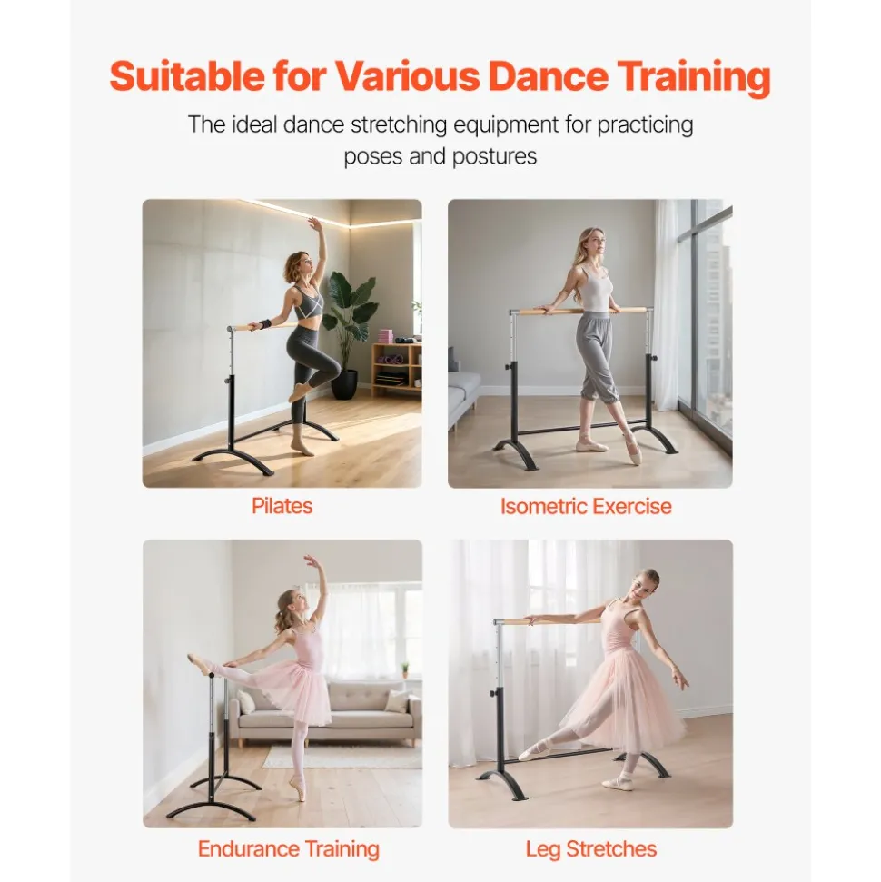VEVOR Ballet Barre, 4 Ft Barre Bar for Home, Freestanding Portable Ballet Stretching Dance Bars, Height Adjustable Anti-Wobble Fitness Gym Studio Equipment, for Pilates Balance Workout