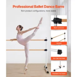 VEVOR Ballet Barre, 6 Ft Double Beechwood Barre Bar for Home, Freestanding Portable Ballet Stretching Dance Bars, Height Adjustable Anti-Wobble Fitness Gym Equipment, for Pilates Balance Workout