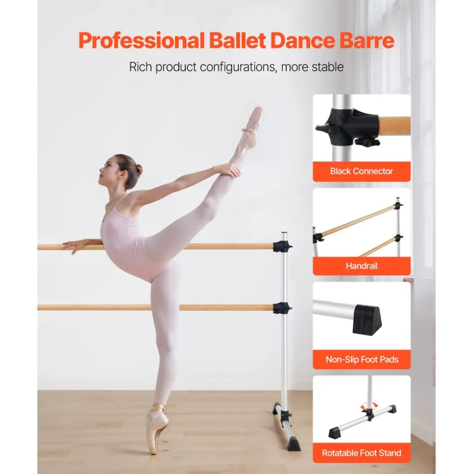 VEVOR Ballet Barre, 6 Ft Double Beechwood Barre Bar for Home, Freestanding Portable Ballet Stretching Dance Bars, Height Adjustable Anti-Wobble Fitness Gym Equipment, for Pilates Balance Workout