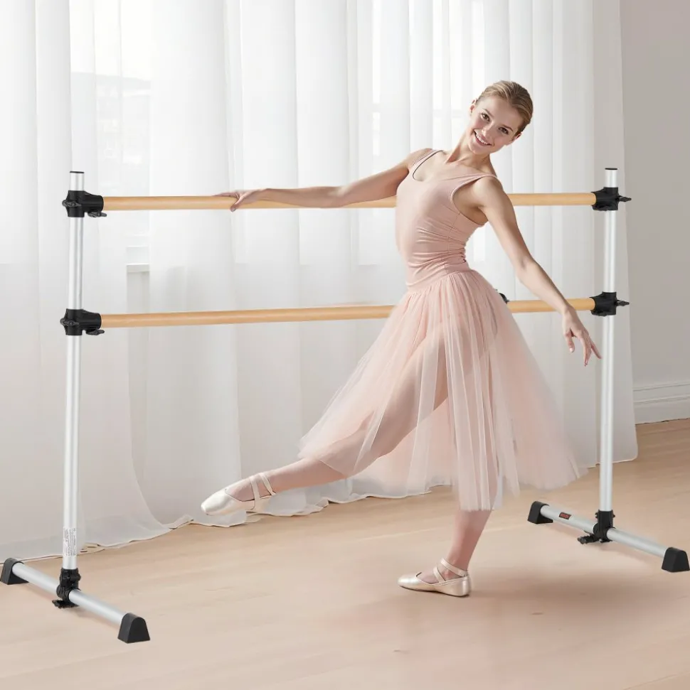 VEVOR Ballet Barre, 6 Ft Double Beechwood Barre Bar for Home, Freestanding Portable Ballet Stretching Dance Bars, Height Adjustable Anti-Wobble Fitness Gym Equipment, for Pilates Balance Workout