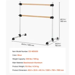 VEVOR Ballet Barre, 4 Ft Double Barre Bar for Home, Freestanding Portable Ballet Stretching Dance Bars, Height Adjustable Anti-Wobble Fitness Studio Equipment, for Pilates Balance Workout