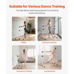 VEVOR Ballet Barre, 4 Ft Double Beechwood Barre Bar for Home, Freestanding Portable Ballet Stretching Dance Bars, Height Adjustable Anti-Wobble Fitness Gym Equipment, for Pilates Balance Workout