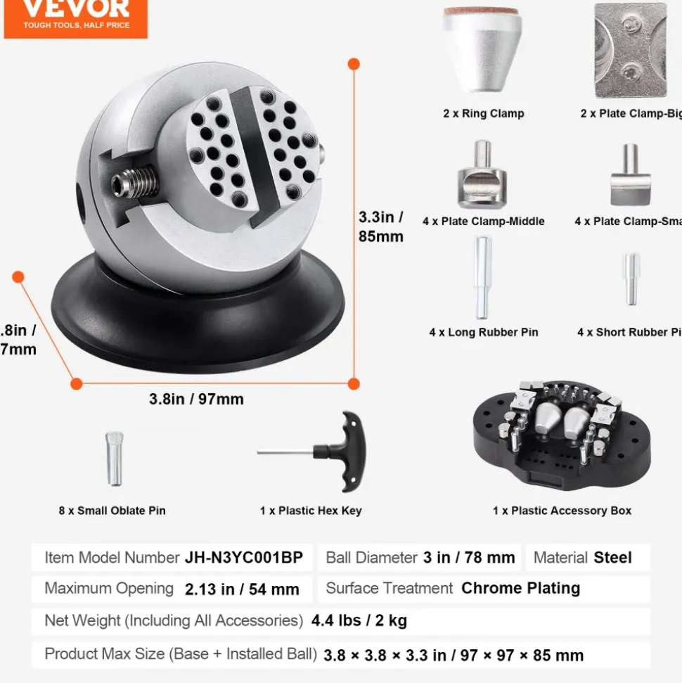 VEVOR Ball Vise, 3" Engraving Setting Tool, 360° Rotation Engraving Block Vise, 30 PCS Attachment Jewelry Engraving Block Tools Standard Block for Gemstone Inlay and Small-Scale Engraving