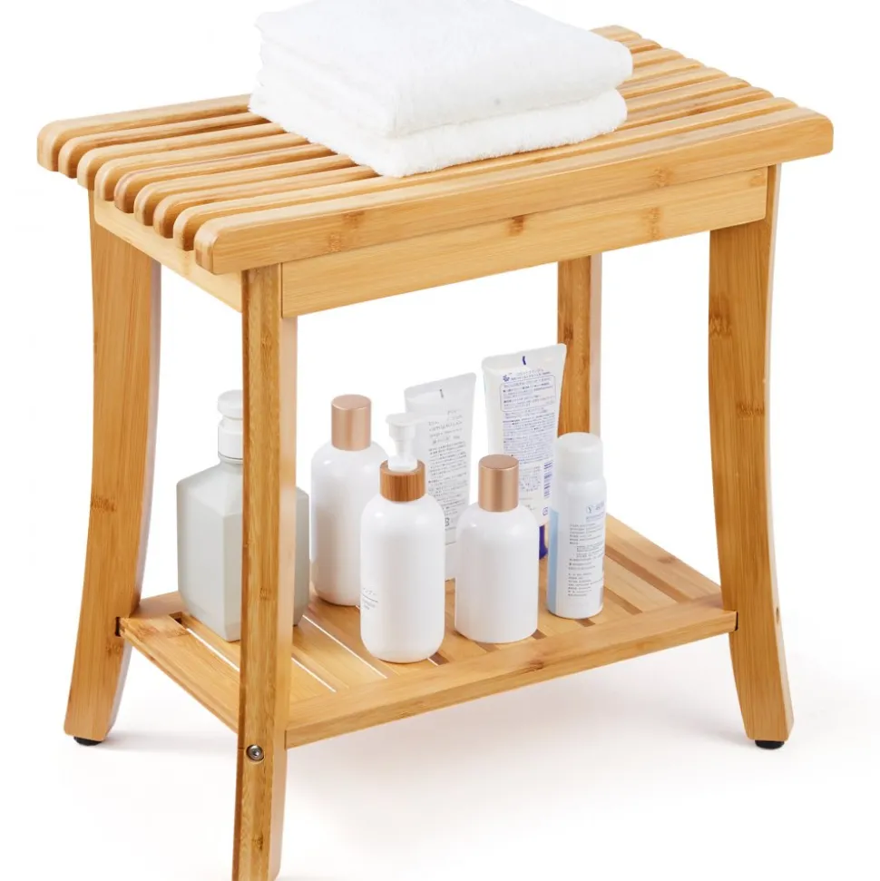 VEVOR Bamboo Shower Bench, 19.1 x 11.3 x 18.3 in, Waterproof Shower Stool Chair with Storage Shelf, 330lbs Load Capacity Spa Bath Seat Organizer, for Adults Seniors Women Elderly Indoor Outdoor