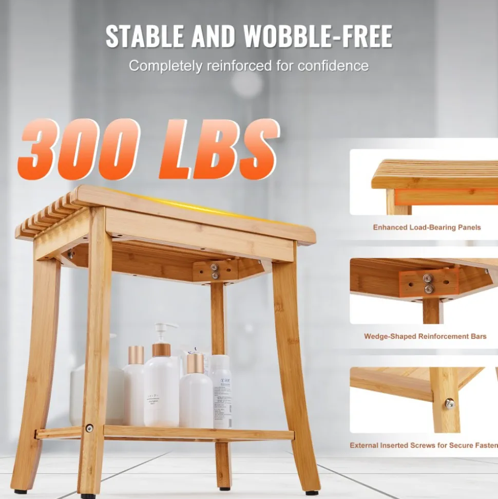 VEVOR Bamboo Shower Bench, 19.1 x 11.3 x 18.3 in, Waterproof Shower Stool Chair with Storage Shelf, 330lbs Load Capacity Spa Bath Seat Organizer, for Adults Seniors Women Elderly Indoor Outdoor