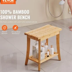 VEVOR Bamboo Shower Bench, 19.1 x 11.3 x 18.3 in, Waterproof Shower Stool Chair with Storage Shelf, 330lbs Load Capacity Spa Bath Seat Organizer, for Adults Seniors Women Elderly Indoor Outdoor