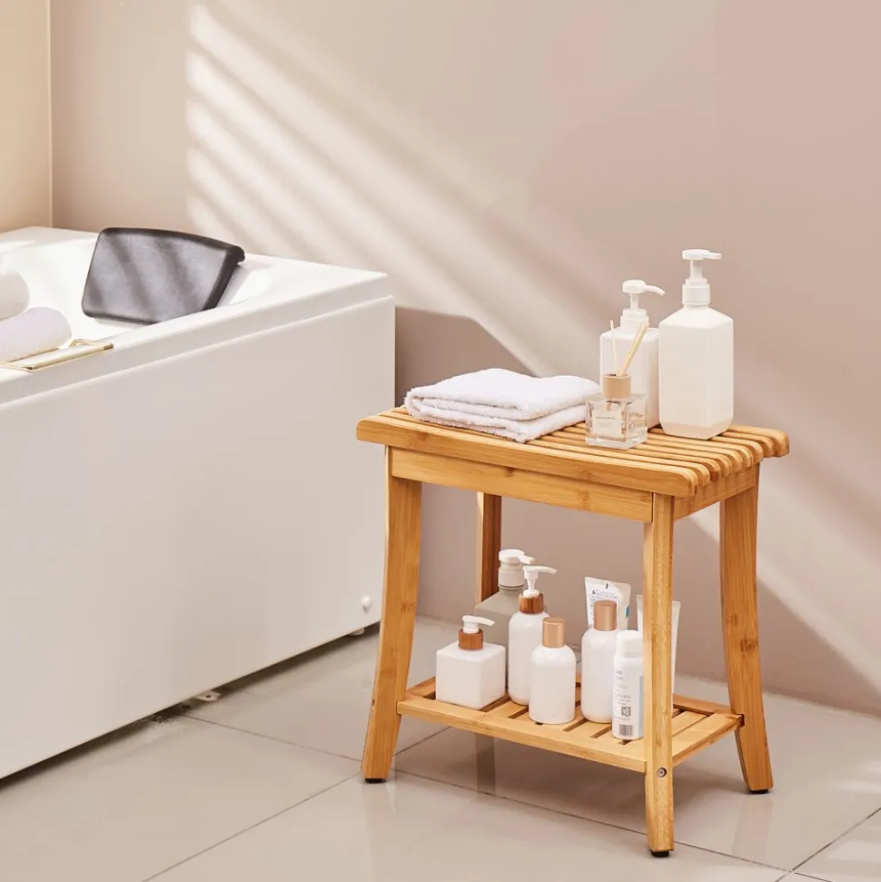 VEVOR Bamboo Shower Bench, 19.1 x 11.3 x 18.3 in, Waterproof Shower Stool Chair with Storage Shelf, 330lbs Load Capacity Spa Bath Seat Organizer, for Adults Seniors Women Elderly Indoor Outdoor