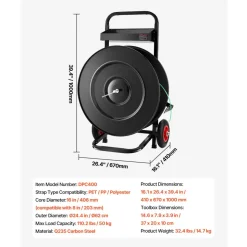 VEVOR Banding Strapping Cart, Fit for PET/PP/Polyester Strapping Coils with 8 or 16 in Core Size, Heavy Duty Strapping Dispenser Equipped with Upgrade Brake System, Built-in Spacious Tray for Tools