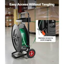 VEVOR Banding Strapping Cart, Fit for PET/PP/Polyester Strapping Coils with 8 or 16 in Core Size, Heavy Duty Strapping Dispenser Equipped with Upgrade Brake System, Built-in Spacious Tray for Tools
