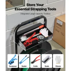 VEVOR Banding Strapping Cart, Fit for PET/PP/Polyester Strapping Coils with 8 or 16 in Core Size, Heavy Duty Strapping Dispenser Equipped with Upgrade Brake System, Built-in Spacious Tray for Tools