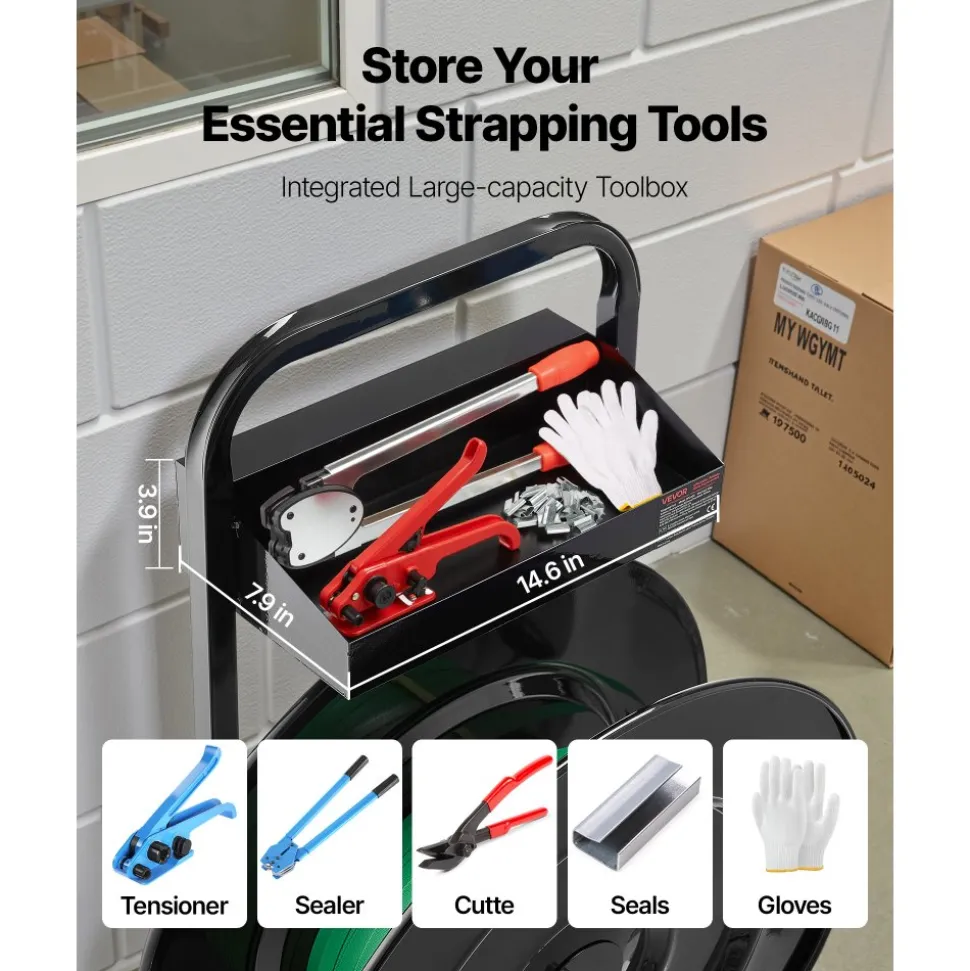 VEVOR Banding Strapping Cart, Fit for PET/PP/Polyester Strapping Coils with 8 or 16 in Core Size, Heavy Duty Strapping Dispenser Equipped with Upgrade Brake System, Built-in Spacious Tray for Tools