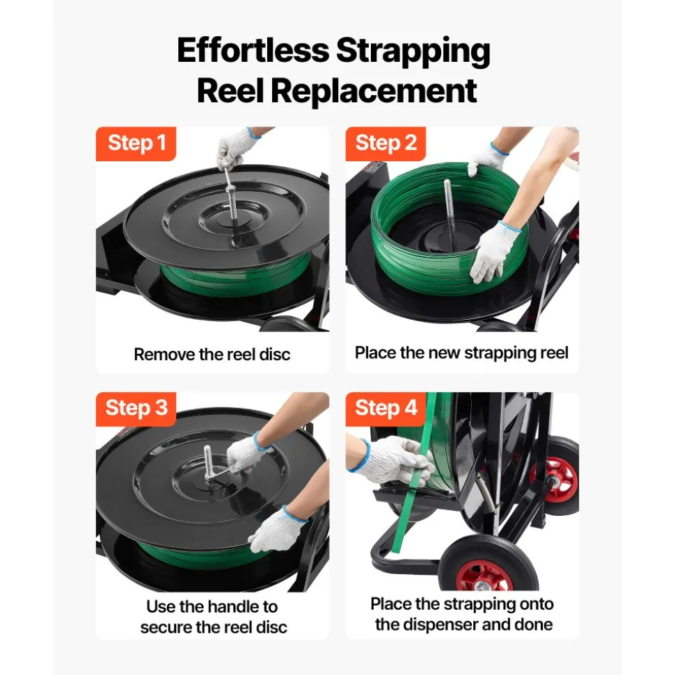 VEVOR Banding Strapping Cart, Fit for PET/PP/Polyester Strapping Coils with 8 or 16 in Core Size, Heavy Duty Strapping Dispenser Equipped with Upgrade Brake System, Built-in Spacious Tray for Tools