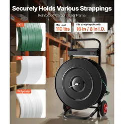 VEVOR Banding Strapping Cart, Fit for PET/PP/Polyester Strapping Coils with 8 or 16 in Core Size, Heavy Duty Strapping Dispenser Equipped with Upgrade Brake System, Built-in Spacious Tray for Tools